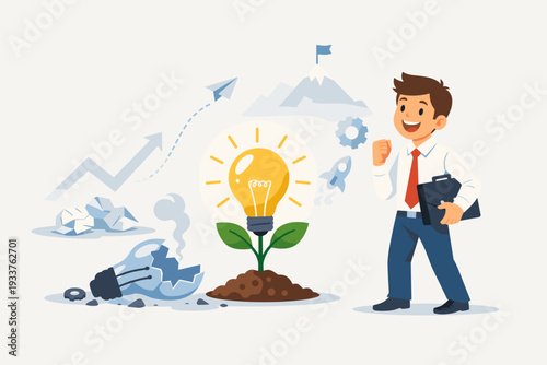 Businessman Celebrating Success with Growing Lightbulb Idea Plant from Failure and Broken Bulb, Concept of Innovation, Learning from Mistakes, Persistence, Achievement, and Business Growth