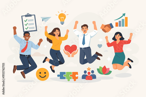 Diverse Happy Employees Jumping for Joy Celebrating Success and Engagement. Vector Illustration of Workplace Wellbeing, Company Commitment, Positive Team Culture, and Employee Appreciation.