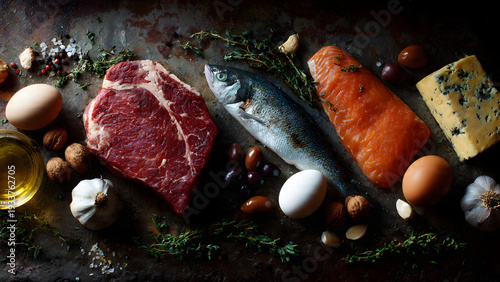 Fresh raw ingredients meat fish vegetables herbs cooking preparation