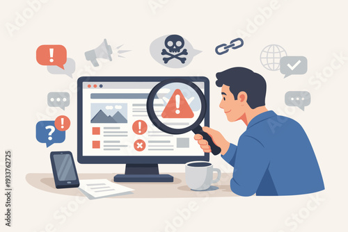 Man Verifying Information on Computer with Magnifying Glass, Fact Checking Concept for Fake News, Misinformation, and Phishing Alerts on Website and Social Media, Digital Literacy and Safety