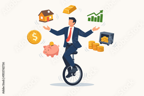 Professional Financial Advisor Juggling Diverse Investment Assets While Riding Unicycle, Concept of Wealth Management, Portfolio Diversification, Risk Control, and Balancing Financial Stability