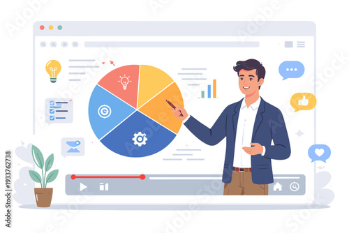 Professional man presenting business strategy and data analysis in an online tutorial or explainer video, featuring a pie chart, icons, and video player interface for e-learning and training.