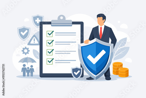 Insurance Protection and Policy Coverage Concept with Businessman Holding Shield and Checklist Document for Health Life and Financial Security, Risk Management and Safety Support Illustration.