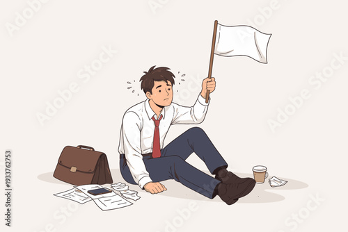 Tired office worker sitting on ground holding white flag of surrender, feeling exhausted and defeated by heavy workload, business failure, career burnout, and stress from professional life.