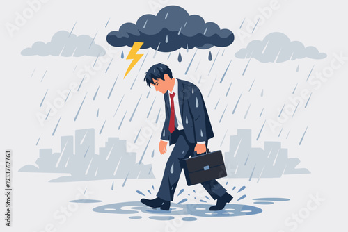 Sad Businessman Walking in Heavy Rain with Dark Cloud and Lightning, Concept of Work Stress, Professional Failure, Depression, Bad Day, Burnout, and Emotional Crisis in Modern City Life Vector