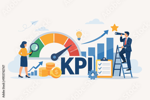 KPI Key Performance Indicator Concept with Business People Measuring Success, Growth, and ROI. Businesswoman with Magnifying Glass and Businessman on Ladder Looking at Future Goals and Targets.