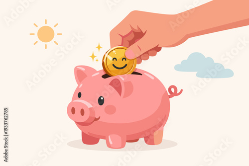 Hand Putting Gold Coin with Smiley Face into Pink Piggy Bank, Representing Saving for Happiness, Financial Security, Retirement Planning, and Investing in a Positive Future Lifestyle Concept