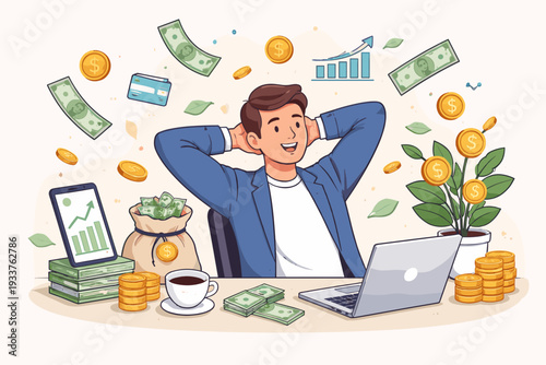 Happy man relaxing at desk with laptop and money falling, concept of passive income, online business success, financial growth, wealth, and making profit from internet side hustle or remote job.