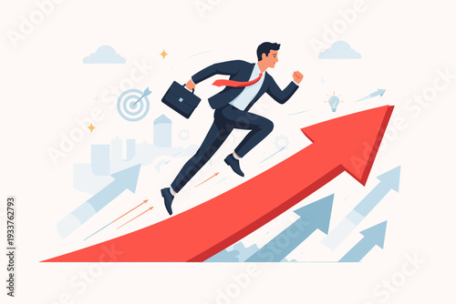 Businessman Running Up a Large Red Arrow Towards Success and Career Growth, Concept of Ambition, Motivation, and Reaching Business Targets with Professional Achievement, Progress and Leadership.