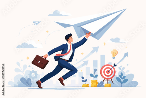 Successful businessman in suit launching giant paper plane, representing startup launch, entrepreneurship vision, business growth, career ambition, and achieving goals with innovation and strategy
