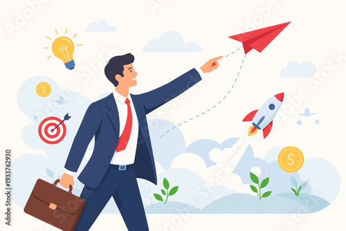Successful Businessman Starting New Company or Project. Entrepreneur Pointing at Red Paper Plane with Rocket Launch, Lightbulb Idea, and Target Icons. Career Opportunity and Growth Concept Vector.