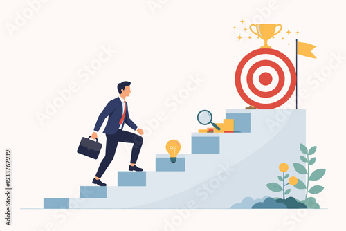 Businessman in suit climbing stairs to reach a target with a trophy and flag at the top. Icons for ideas, research, and money on steps. Concept of career growth, success, and goal achievement.