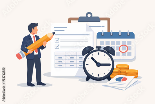 Businessman holding large pencil planning income tax payment with alarm clock, calendar, and financial reports. Concept of tax time reminder, government revenue, and financial refund schedule.