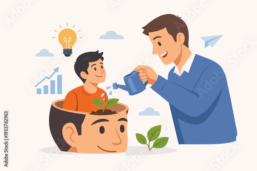 Mentoring and Education Concept with a Teacher Watering a Student Growing from a Human Mind, Representing Skill Development, Wisdom, Creative Inspiration, Knowledge, and Professional Success.