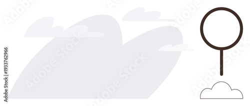 Search concepts, exploration, focus ideas, weather tracking, cloud observation, data analysis. Magnifying glass near cloud silhouettes. Search concepts and exploration theme