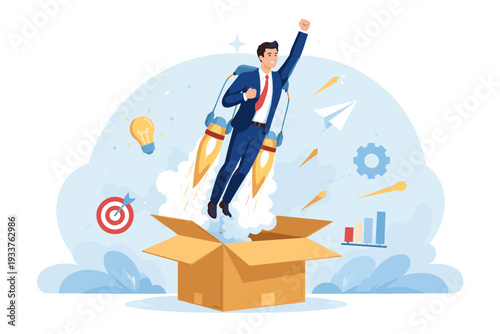Businessman flying out of a cardboard box with a jetpack, symbolizing innovation, creativity, thinking outside the box, business growth, leadership, startup success, and breakthrough solutions.