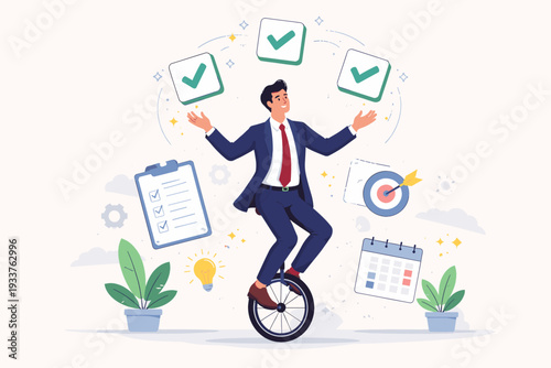 Professional businessman riding unicycle while juggling green checkmarks for project management and task completion. Concept of work life balance, productivity, efficiency, and goal achievement.