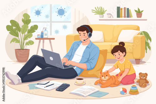 Businessman Working from Home on Laptop During COVID-19 Pandemic Quarantine with Daughter Playing with Cat on Floor, Remote Work and Telecommuting Family Lifestyle Vector Illustration