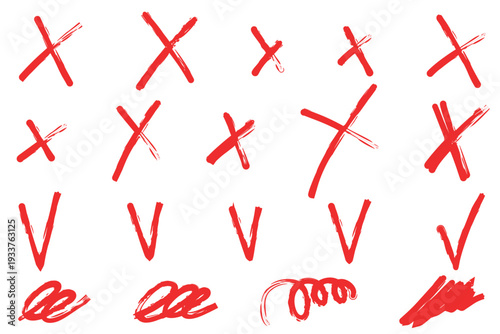 Hand drawn brush stroke cross mark and check mark. Paintbrush cross, ban, refusal, answer. Strikethrough text and important objects. Stock vector illustration isolated on white background.
