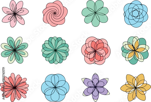 A vibrant collection of stylized floral illustrations displayed in a grid pattern, showcasing diverse colors and designs.