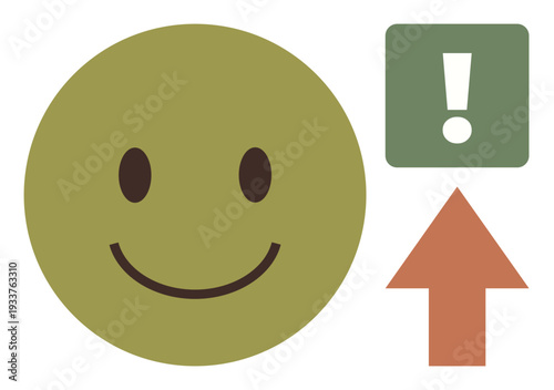 Motivation, positivity, encouragement, communication, alerts, notifications. A green happy face, a green exclamation mark and an upward orange arrow. Motivation and positivity concept