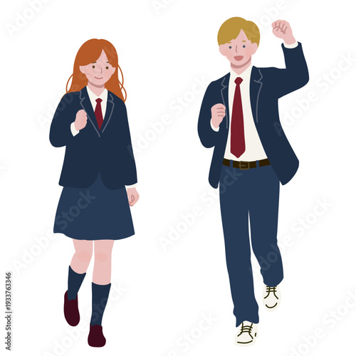 High School Students with Red and Blonde Hair Wearing School Uniforms　フラットイラスト　制服姿の高校生