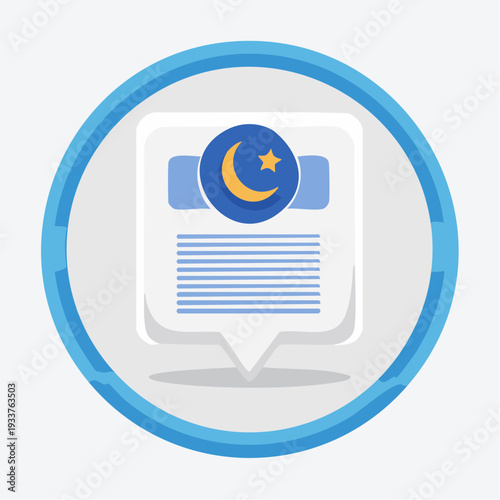 Islamic crescent moon and star inside a speech bubble, representing communication and faith, ideal for Ramadan and Eid celebrations