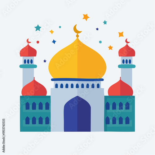 Eid Mubarak Mosque Celebration Icon with Festive Stars and Crescent Moon