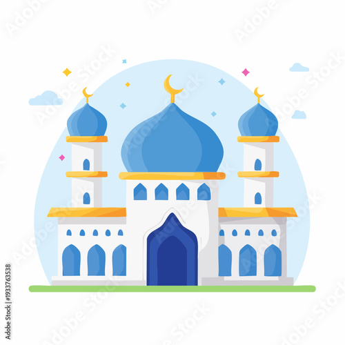 Beautiful Islamic Mosque Illustration with Blue Domes and Crescent Moon Symbol, Perfect for Eid al-Fitr and Ramadan Celebrations