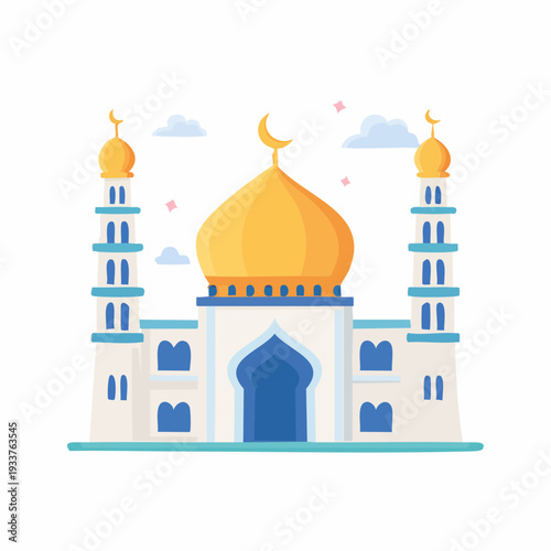 Beautiful Islamic Mosque with Golden Dome and Blue Accents, a Symbol of Faith and Community