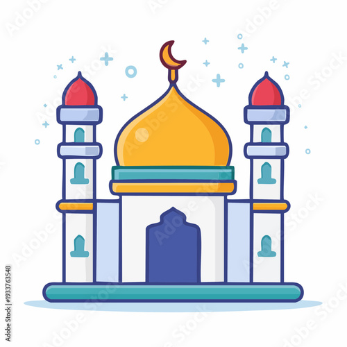 Flat design illustration of a mosque with a golden dome and minarets, representing Islamic architecture and religious buildings