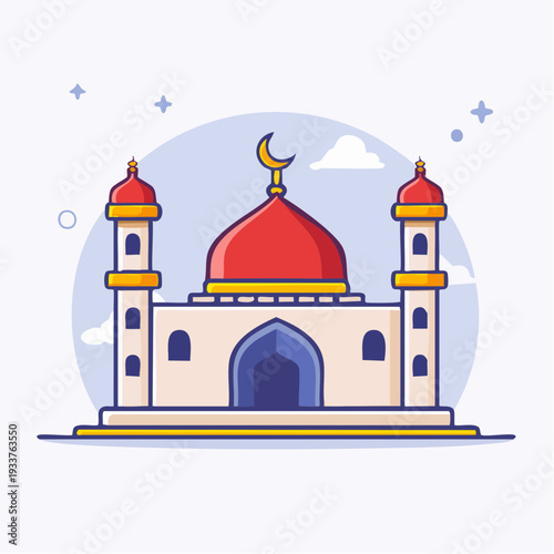Vibrant Flat Design Mosque Icon with Red Dome and Crescent Moon, Symbolizing Islamic Architecture and Spirituality. Ideal for Ramadan, Eid Mubarak Celebrations, and Cultural Event Graphics