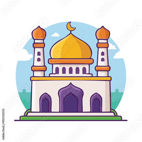Islamic Mosque with Golden Dome and Minarets, Illustration of a Traditional Religious Building with Crescent Moon Symbol