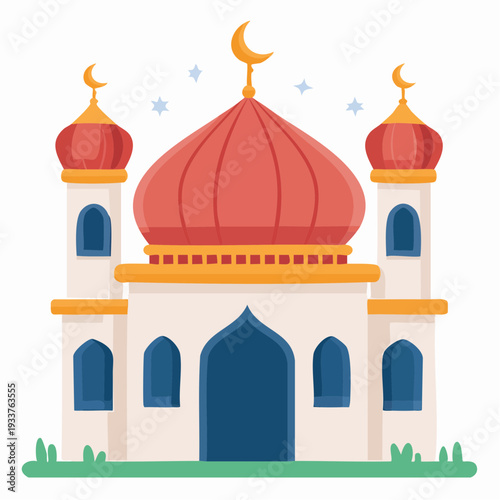 Festive Ramadan Mosque Icon Illustration with Crescent Moons and Stars