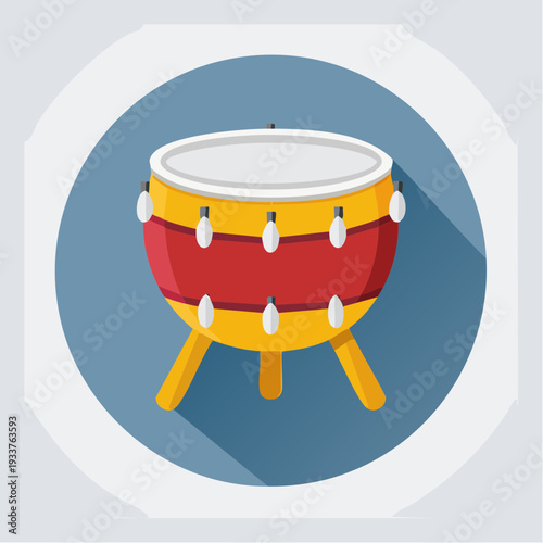 Vibrant flat design bedug drum icon, a traditional musical instrument symbolizing Islamic culture and Eid al-Fitr celebrations. Ideal for festive digital projects