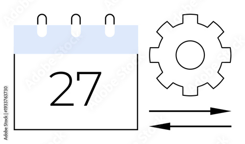 Workflow optimization, task scheduling, productivity management, time planning, organization, business processes. Calendar showing a specific date with a gear and arrows. Workflow and task scheduling