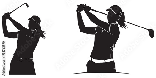Woman golfer in full swing and putting stance, silhouette art eps 10