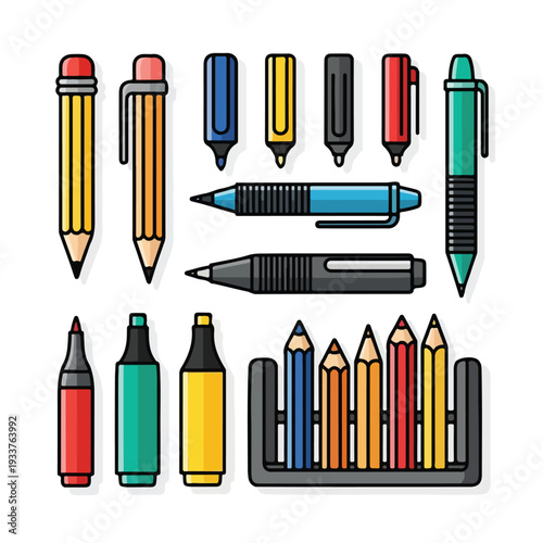 Assorted stationery items including pencils, pens, and highlighters arranged neatly on a flat surface, viewed from directly above