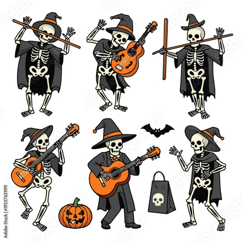 Skeletons in witch hats dancing and playing instruments in a spooky Halloween scene