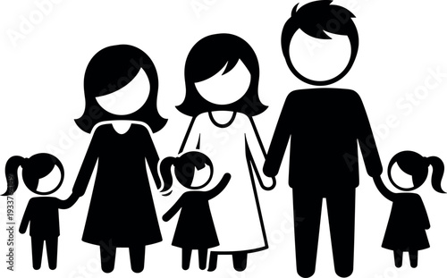 Black and White Family Silhouette Vector Illustration of Parents with Three Young Daughters Holding Hands Isolated on White Background for Diverse Happy Household Concept