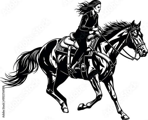 Black and white illustration of female rider on running horse, dynamic equestrian sport action silhouette, western horseback riding concept, powerful cowgirl graphic design