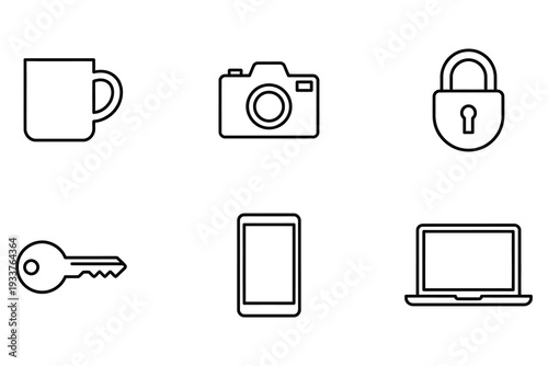 Set of simple outline icons: mug, camera, padlock, key, smartphone, laptop