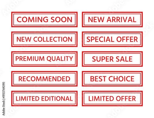 Red new arrival emblem in frame. Sold out label in border. Sale stamp imprint collection. Rectangle best price stickers. Marketing retail badge. Text box with buy tags. Sale product mark. Vector illus