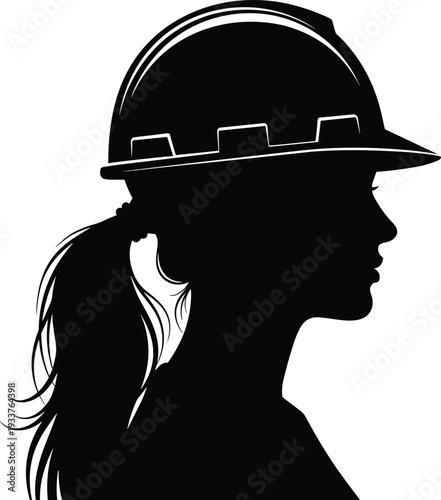 Black silhouette profile of a female construction worker wearing a hard hat, representing women in engineering, industrial labor, and professional contracting