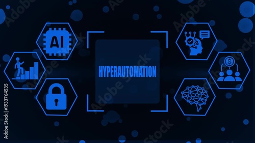 Digital abstract concept of hyperautomation with AI chip, brain, lock, growth chart, and team in blue on a dark bokeh background