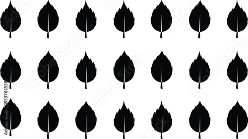 Grid of twenty identical black leaf silhouettes arranged in rows and columns, featuring pointed tips and central veins, perfect for design, pattern, or decorative use