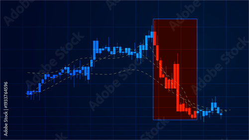 Stock market correction concept. Bankrupt financial information. Descending trading graph