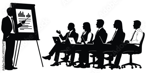 Business meeting silhouette illustration, corporate teamwork artwork, professional presentation design tribute, workplace communication graphic, , data analysis theme flat vector illustration
