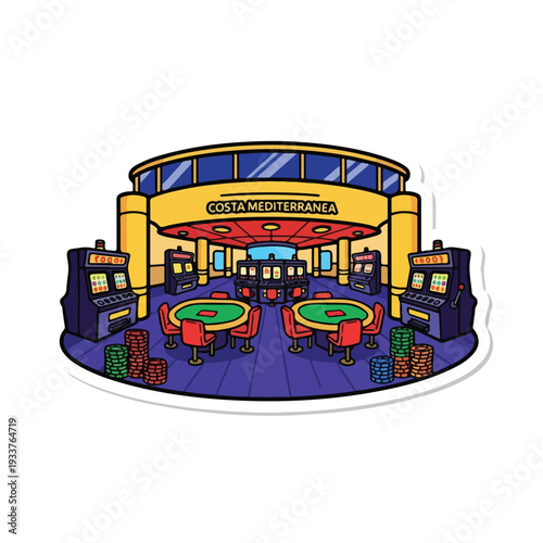 Poker tournament scene illustration with poker tables, gaming machines in a casino environment viewed from above
