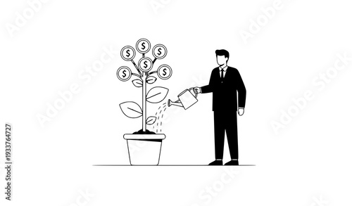 Investor Watering Money Plant with Coin Flower Financial Growth Vector Illustration Isolated on White